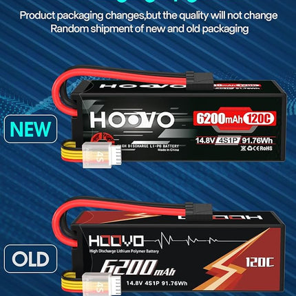 HOOVO 4S Lipo Battery 14.8V 6200mAh 120C RC Car Battery Hard Case with TR Plug Compatible for 1/8 and 1/10 Scale RC Car RC Buggy Truggy Truck Slash 4X4 Crawler Monster RC Hobby 2 Pack