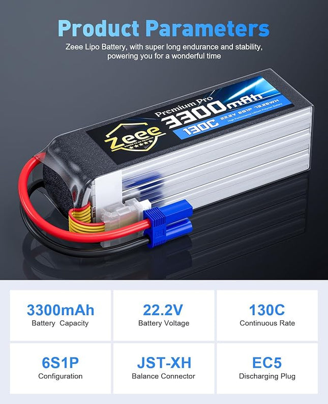 Zeee Premium Pro 6S Lipo Battery 3300mAh 22.2V 130C Ultra-Low IR Soft Pack Lipo Battery with EC5 Connector for RC Drone Car Truck Boat Helicopter Airplane Racing Models (2 Packs)