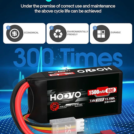 HOOVO 2S 7.4V 1500mAh 60C RC Lipo Battery Pack with T Connector for RC Boat Truck RC Helicopter Airplane Quadcopter UAV Drone FPV Racing Hobby Models(2 Packs)