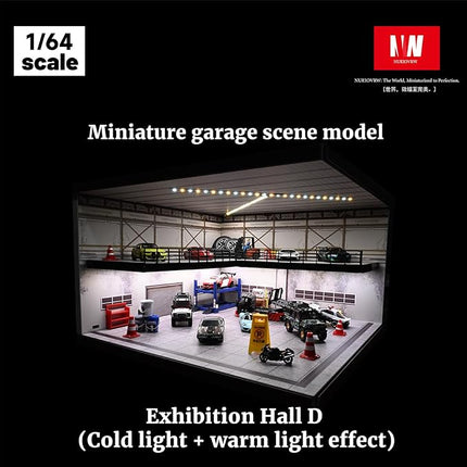 1/64 Model Car Display Case,Fits for 1/64 Hot Wheels Diecast Model Car,Diorama Double Decker Car Showroom Garage Model with Dimmable LED Lighting City Car Parking Lot Scene Model Collection (D)