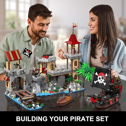 Pirate Castle Building Set with Light, 3 Modes Big Pirates Ship Bay Building Block 1502 PCS, Medieval Pirate Wharf House Construction Model Toy Home Decor for Adults Teens Boys Girls 10+