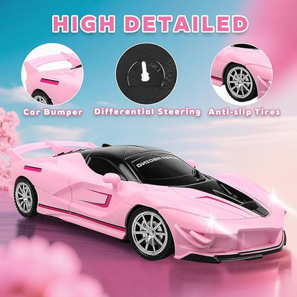 Remote Control Racing Car, 1:18 High Speed RC Cars Toys for Boys Girls, Vehicle Toy with Lights & Controller, Christmas Birthday Gifts for Kids Age 3+ (Pink)