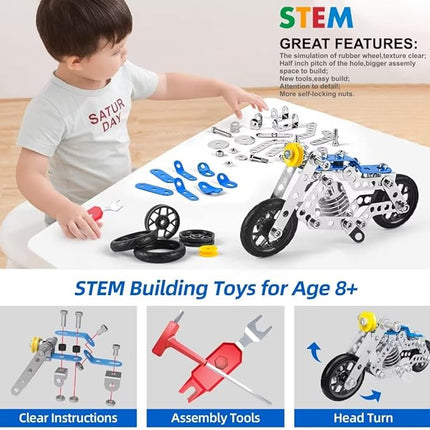 Creative Set Motorcycle,Stem Building Projects Toys for Kids 8 9 10 11 12+ Year Old,Metal Building Construction Model kit, 5 in 1 Motobike Building Blocks Steam Educational Toys(139PCS)