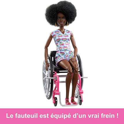 Barbie Doll with Wheelchair and Ramp, Kids Toys, Barbie Fashionistas, Curly Black Hair, Rainbow Heart Romper, Clothes and Accessories