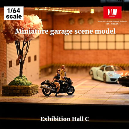 1/64 Model Car Display Case,Fits for 1/64 Hot Wheels Diecast Model Car,Diorama Double Decker Car Showroom Garage Model with Dimmable LED Lighting City Car Parking Lot Scene Model Collection (C)
