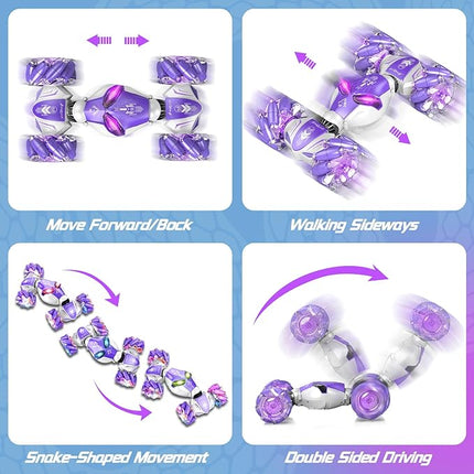 Gesture Sensing Remote Control Car, 2.4GHz 4WD RC Drift Stunt Hand-Controlled Cars for Boys Age 8-12, All-Terrain Off-Road Twist Toys with Lights Music for Christmas Birthday Gifts (Purple)