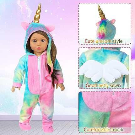 18 Inch Doll Clothes-Rainbow Unicorn Doll Costume Onesie Pajama with Hair Bows Little Angel Wings Fits 18 Inch Girl Doll Accessories
