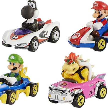 Hot Wheels Mario Kart Set of 4 Die-Cast Toy Cars with Attached Character Drivers, Includes Black Yoshi (Amazon Exclusive)