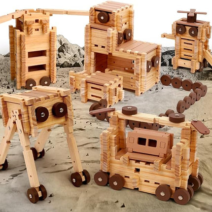 Jovi-mindly＆Notchies Space Wooden Blocks Set 101 PCS Create 40+ Shapes,Toys Educational Wooden Building Blocks Puzzles for Kids Ages 5-8 Boys and Girls,Truck/Excavator,FSC Certified