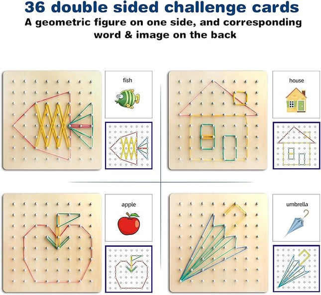 Thoth Montessori Wooden Geoboard Mathematical Manipulative Material Array Block Geo board with 36Pcs Pattern Cards and Rubber Bands Matrix 8x8 for Kids Graphical Educational Toys Early Development Toy