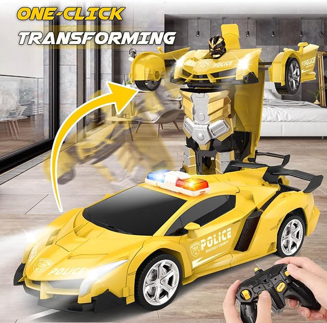 Transform Remote Control Car - Rc Cars, One-Button Transforming, 360° Rotation Drifting, 2.4ghz 1:18 Scale, Gift Kids Aged 4-6 Year Old Boys/Girls, Police Car Yellow