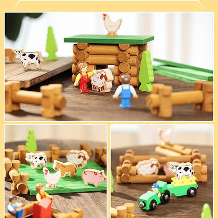 SainSmart Jr. Wooden Log Cabin Set Farm Building House Toy for Toddlers, 122 PCS Classic STEM Construction Kit with Colorful Wood Logs Blocks for 3+ Years Old