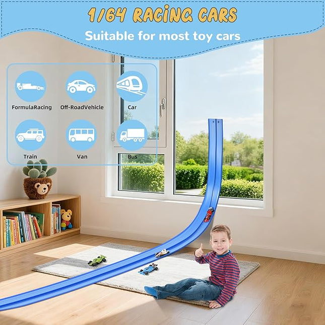 Flex Race Car Track 15 Ft for Kids 3+ Toys, with 4 Small Racecars, Suitable for Hot Wheels and Diecast 1/64th Cars, Rolls Up Race Tracks with Strong Suction Cups