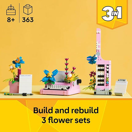 LEGO Creator 3 in 1 Typewriter with Flowers - Birthday Gift for Kids - Building Toy with 3 Building Options, Typewriter, Flowerpot with Pen & Notebook, or Keytar - 31169