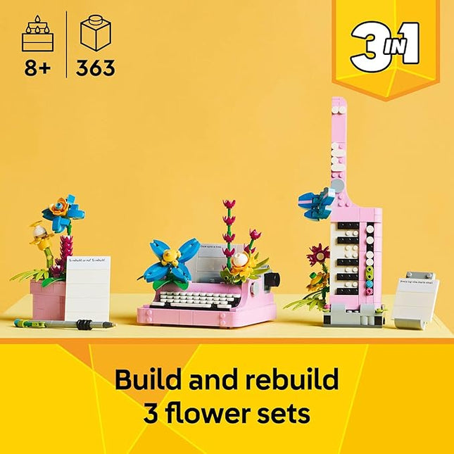 LEGO Creator 3 in 1 Typewriter with Flowers - Birthday Gift for Kids - Building Toy with 3 Building Options, Typewriter, Flowerpot with Pen & Notebook, or Keytar - 31169