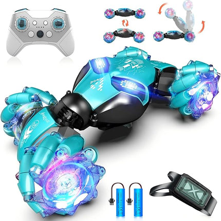 Gesture Sensing Remote Control Car, 2.4GHz 4WD RC Drift Stunt Hand-Controlled Cars for Boys Age 8-12, All-Terrain Off-Road Twist Toys with Lights Music for Christmas Birthday Gifts (Blue)