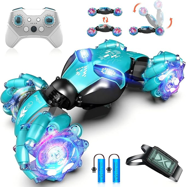 Gesture Sensing Remote Control Car, 2.4GHz 4WD RC Drift Stunt Hand-Controlled Cars for Boys Age 8-12, All-Terrain Off-Road Twist Toys with Lights Music for Christmas Birthday Gifts (Blue)