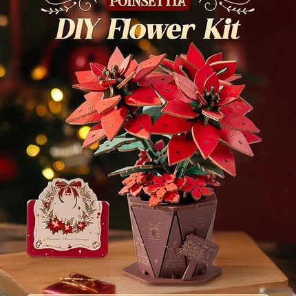 3D Flower Wooden Puzzles for Adults-Poinsettia, DIY Wooden Flowers Model Kit Building Set Crafts for Adults to Build, Botanical Collection/Ideal Creative Gift Ideas/Housewarming (153PCS)