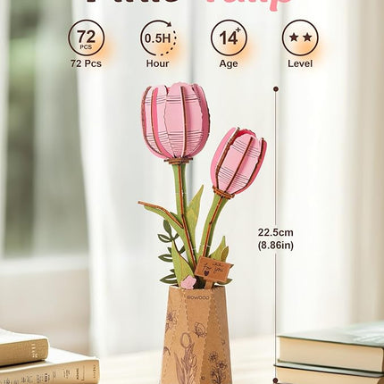 rowood Wooden Flower,3D Puzzles for Adults,Artifical Flower Botanical Collection Building Kit,Mother's Day/Valentine's Day Pink Tulip