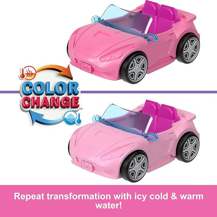 Barbie Mini BarbieLand Toy Vehicle Playset with 1.5-inch Doll & Convertible Car with Color-Change Surprise, Plus Street Sign Accessory