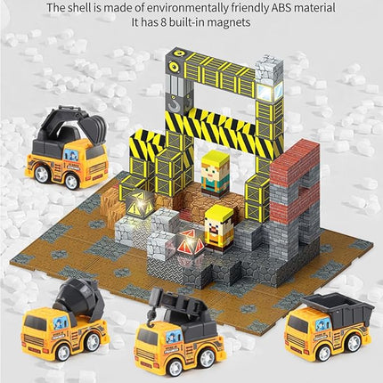 Magnetic Construction Building Blocks Set, 136PCS Tile with 4 Toy Trucks, Education STEM Consrtuction Site Theme Toy for Age 3-5, 6 7 8 9 10 (Construction Set)