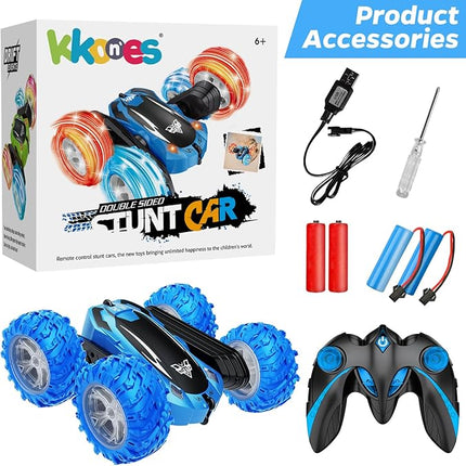 KKONES Remote Control Car, 2.4GHz Double Sided 360° Flips Rotating Electric Race RC Stunt Car, LED Wheel & Headlight High Speed Off Road Cars Toy Gift for 3 4 5 6 7 8-12 Year Old Boy Toys (Blue)