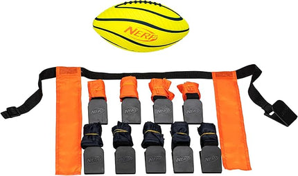 Nerf 10 Player Flag Football Belts + Ball Set - Youth Flags + Junior Foam Football for Kids - Full Kit for 5 v 5 Games - Includes (10) Belts + 1 Foam Ball