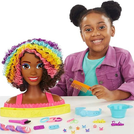 Barbie Totally Hair Styling Doll Head & 20+ Accessories, Color Reveal & Color-Change Pieces, Curly Brown Neon Rainbow Hair
