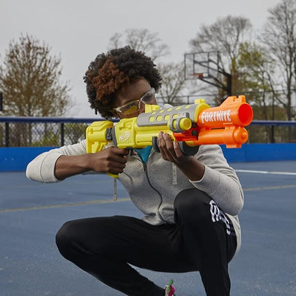 Nerf Fortnite Legendary TAC Dart Blaster, Yellow Glow Lap Design, 6 Dart Mega Drum and 6 Nerf Accustrike Mega Darts, Pump Action F4168