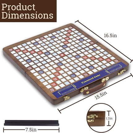 Wooden Folding Crossword Board Game – Word Game Set with 100 Letter Tiles, Sand Timer, Pencil, Racks & Bag – Portable Wooden Game for Adults & Family