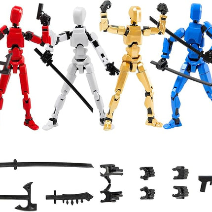 4Pack Assembled Titan T-13 Action Figures Set - Lucky Dummy Nova 13 Action Figure Robot Anime Stick Figures Fidget Toys for Boys Multi Movable Joints Gifts Toys for Kids (Golden+White+Blue+Red)