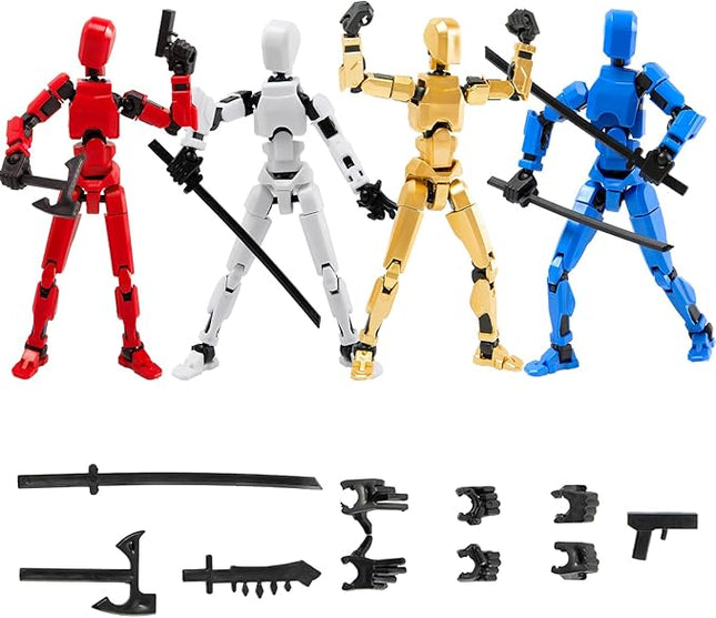 4Pack Assembled Titan T-13 Action Figures Set - Lucky Dummy Nova 13 Action Figure Robot Anime Stick Figures Fidget Toys for Boys Multi Movable Joints Gifts Toys for Kids (Golden+White+Blue+Red)