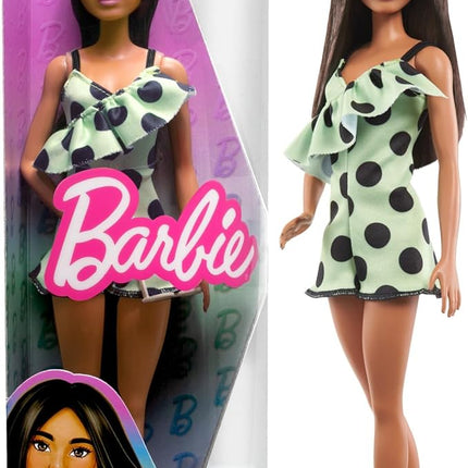 Barbie Fashionistas Doll #200 with Brunette Hair, Green Polka Dot Romper & Accessories Including Orange Heels & Sunglasses