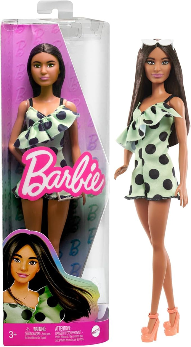 Barbie Fashionistas Doll #200 with Brunette Hair, Green Polka Dot Romper & Accessories Including Orange Heels & Sunglasses