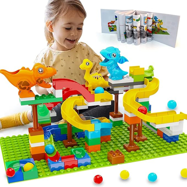 Dinosaur Marble Run Building Blocks STEM Toys for Kids Ages 3-8 | 127 Pcs Construction Set with 3 Dinos & Ball Run Track, 4 in 1 Modular Design Learning Toys for Boys Girls, Christmas Birthday Gift