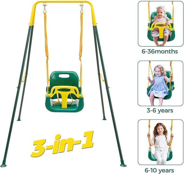 FUNLIO Toddler Swing with Foldable Metal Stand for Toddlers Aged 1~10 Years, 3-in-1 Baby Swing Set with 4 Sandbags for Backyard/Indoor/Outdoor Play, Easy to Assemble & Store, Green