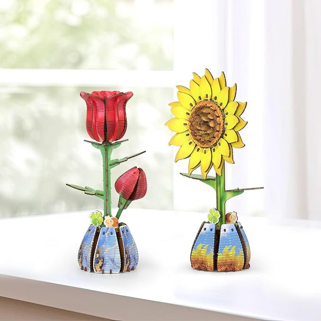 Jege 3D Flowers Wooden Puzzles for Adults,DIY Wooden 2 Flowers per Kit Building Model Set for Home Decor,Ideal Creative Craft Gift Build Kits Toys with 2 Perfume Bottles (Rose + Sun Flower)
