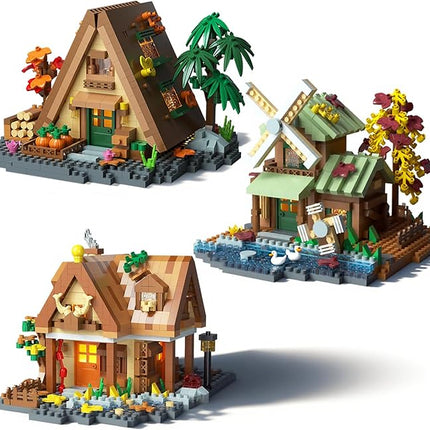3 Mini Wooden Cabins Micro Building Blocks Toy Set, A-Frame House-Mountain Treehouse-Windfall Architecture Kit Compatible with Lego, Natural Construction Collection Gift for Adult, Teen(2000+PCS)