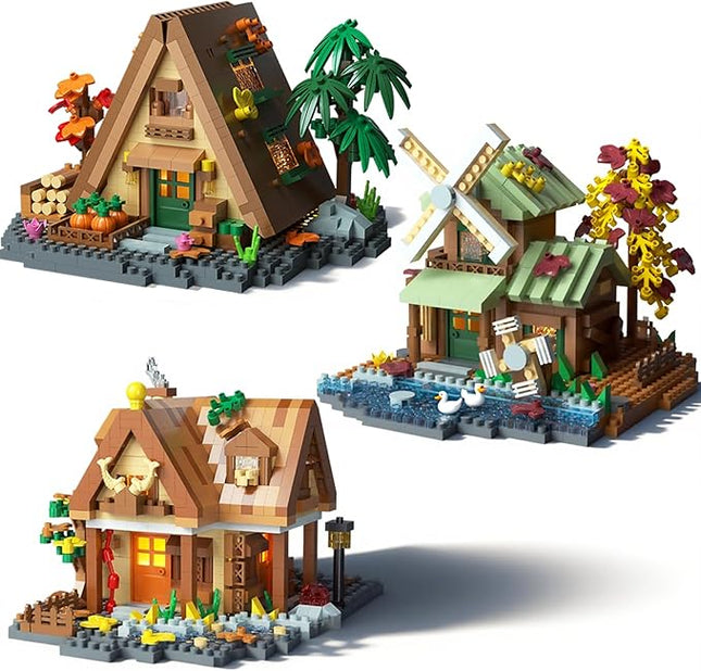 3 Mini Wooden Cabins Micro Building Blocks Toy Set, A-Frame House-Mountain Treehouse-Windfall Architecture Kit Compatible with Lego, Natural Construction Collection Gift for Adult, Teen(2000+PCS)