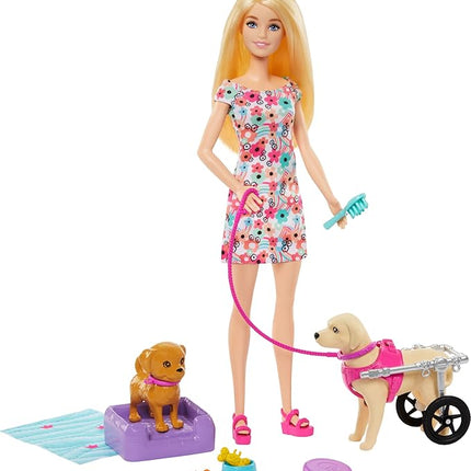 Barbie Doll with 2 Toy Dogs & Pet Accessories, 1 Pup in a Removable Wheelchair with Rolling Wheels, 10+ Piece Set