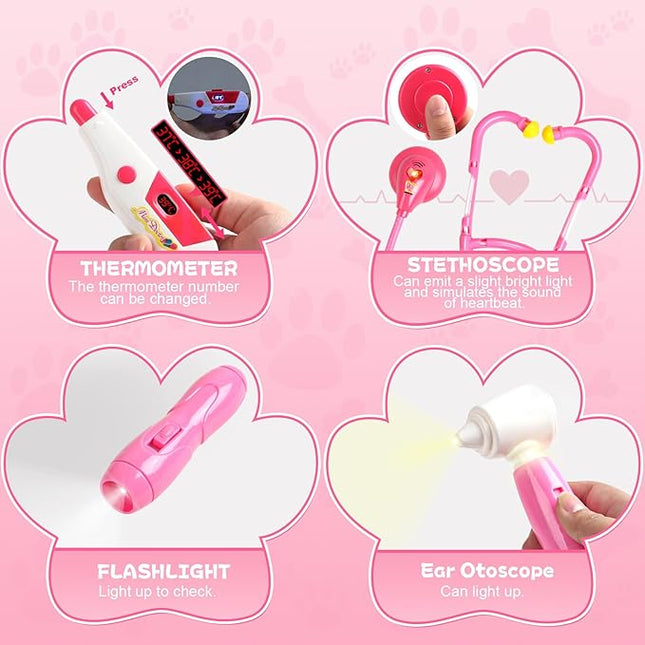 Doctor Kit for Toddlers 3-5 Dress Up for 2+ Year Olds Girls Pretend Veterinarian Toddler Doctor Play Set with Stethoscope Pink Costume Dog Toy Birthday Gifts for 2 3 4 5 6 Year Old Girls