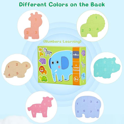 FLYINGSEEDS 6 Packs Safari Animals Shaped Wooden Jigsaw Puzzles for Toddlers Ages 1-3, Level-up Puzzles for Beginner, Montessori Learning Toys Preschool Educational Activity for Kids Ages 2-5