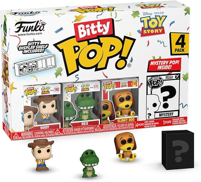 Funko Bitty Pop Toy Story - Woody, Rex, Slinky Dog and A Surprise Mystery Mini Figure - 0.9 Inch (2.2 Cm) Collectable - Stackable Display Shelf Included - Gift Idea - Cake Topper
