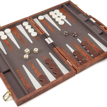 AMEROUS Backgammon Set, 15 Inches Classic Board Game with Leather Case, Folding Board, Gift Package, Portable Travel Strategy Backgammon Game Set for Adults, Kids (Medium, Brown)