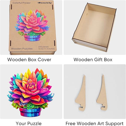 Valentine's Day Wooden Puzzles Colorful Flower Pot 200pcs 11.2'' x 11.2'', Luxurious Shaped Wood Puzzle, Beautiful Package, Best Gift for Adults and Kids, Family Game