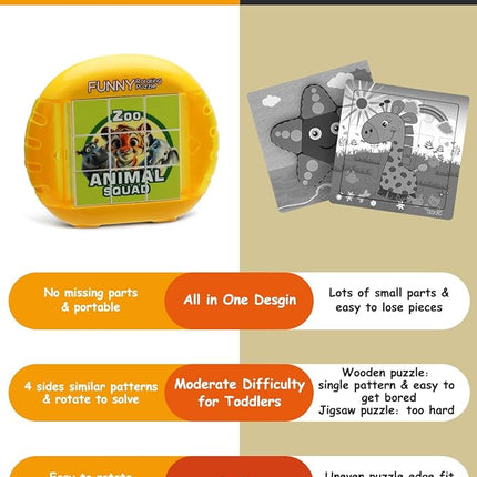 Rotating 3D Puzzle for Kids 3 4 5 6 7 Year Old, 4 Puzzles in 1, Handheld Game Fidget Toys for Travel, Cars & Plane, Fine Motor Skills Developing (Zoo Animal Squad)