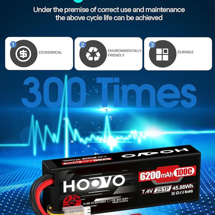 HOOVO 2S Lipo Battery,7.4V 6200mAh 100C LiPo Battery RC Pack Hard Case with T Plug Compatible with RC Buggy Vehicles Car Boat Truck, 2 Pack