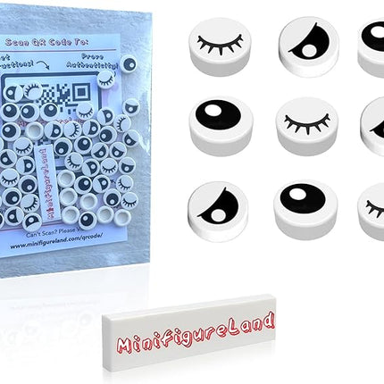LEGO Parts and Pieces - 50 Pcs Mixed Lot of White 1X1 Tile (Full Eyes, Partially Closed Eyes, and Closed Eyes) Plus Minifigureland Tile