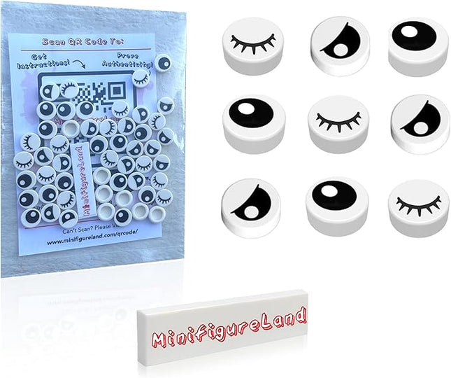 LEGO Parts and Pieces - 50 Pcs Mixed Lot of White 1X1 Tile (Full Eyes, Partially Closed Eyes, and Closed Eyes) Plus Minifigureland Tile