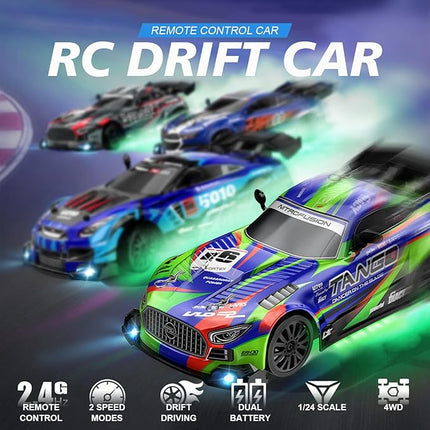 Drift RC Car for Electric Toy Car Hobby Racing Car Toys with Controller,1:24 4WD High Speed RC Drift Cars with LED Lights,Drifting Tires＆Two Batteries,Christ.mas Gift for Adults & Kids
